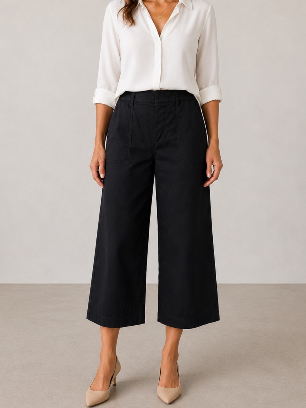 Calvin Klein Wide Leg Crop Pants Womens Large Black High Rise Elastic Waist